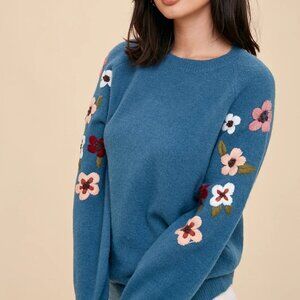 In Loom - NWT Blue Boho Soft Floral Knit Sweater